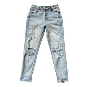 American Eagle High-Waisted Distressed Mom Jeans | 0 Regular, Button Fly, Light